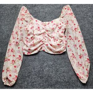Peach Floral Ruched Crop Top Long Sleeve Pink Rose Print Blouse Large